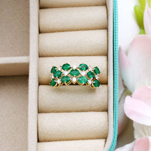 Anillo de Oro Amarillo Sólido de 14K con Esmeralda Verde Ovalada y Racimo de Diamantes, Anillo Ancho de Joyería Fina, Anillos de Piedras Preciosas al por Mayor para Mujeres, Bodas y Fiestas - Product Image 4