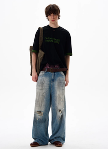 Pantalon en jean vintage délavé pour homme, style crayon, effet moustaches, tendance - Product Image 4