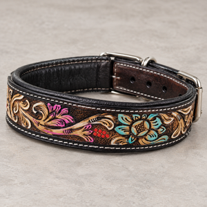 Collar de Perro de Cuero Repujado con Diseño Floral Multicolor, Tallado a Mano |   Collar Ajustable para Mascotas Estilo Occidental para Perros Decorativos - Product Image 1