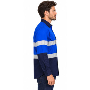 Camisa de Trabajo de Manga Larga para Hombre, Color Azul Marino, con Bloques de Color, Rayas Reflectantes, Bolsillo, Tejido de Poliéster y Algodón, Transpirable, Diseño Sólido - Product Image 4