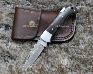 Custom Damascus Steel Folding Pocket Knife Dark African Wood Handle Back <b>Lock</b> EDC Camping Hunting Manufacturer Bulk Supply - Product Image 3