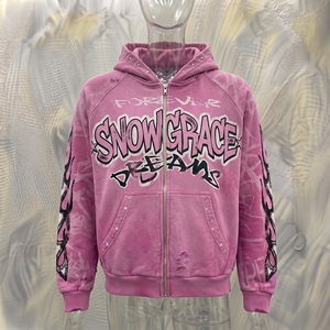Snowgrace <b>Pink</b> Hooded Zip-Up <b>Sweatshirt</b> French Terry Oversized Streetwear Design Pocket Front Print Autumn Wear Unisex - Product Image 3