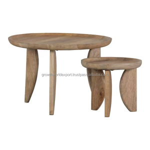 Juego de mesa de centro de madera de mango de 2 piezas, juego de mesa de madera de mango natural, juego de mesas auxiliares de madera maciza de mango, mesas de centro de madera de mango para sala de estar - Product Image 1