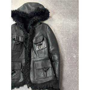 Custom Men's Winter Genuine Leather Shearling Jacket Hooded Sheepskin Coat with Horn <b>Toggle</b> Buttons - Product Image 6