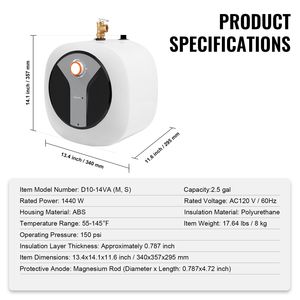 Scaldabagno Elettrico Mini da 1440W, Boiler per Acqua Calda da 2,5 Galloni con Valvola di Sicurezza Temperatura e Pressione, Facile Installazione, Spina EU - Product Image 4