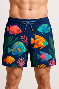 Bañadores de hombre con estampado de peces tropicales de secado rápido, cintura media, cordón ajustable, pantalones cortos informales, 100% poliéster, tejido de punto. - Product Image 1