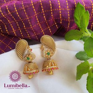 Peacock Charm Jhumka Earrings-Ethnic Brass Pearl Ruby Fashion Jewellery for Party Wedding - Product Image 1