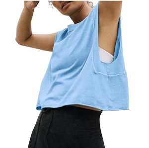 Top corto de punto sin mangas azul claro para mujer con espalda recortada y bolsillo, informal, de color liso, para primavera y verano, uso diario - Product Image 1