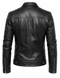 Veste de moto en cuir véritable noir de haute qualité pour homme, col montant, fermeture éclair, coupe ajustée, pour l'automne - Product Image 6