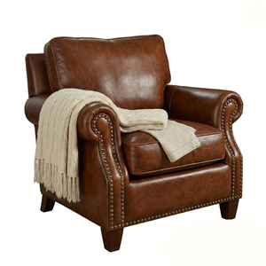 Fauteuil individuel confortable en cuir véritable, style classique avec accoudoirs roulés et garniture cloutée, pour salon et mobilier de maison - Product Image 2