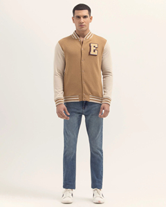 Men Varsity <b>Jacket</b> Embroidered Letter E Patch Preppy Style Autumn Wear Regular Fit Turn-down Collar Cotton <b>Lining</b> - Product Image 3