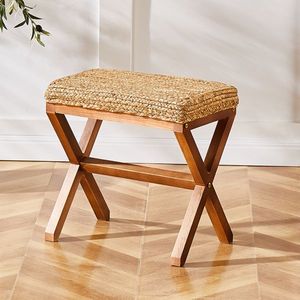 Natural Seagrass Rectangular Ottoman Footstool with Wooden Legs Hand-Woven <b>Footrest</b> for Living Room - Product Image 1