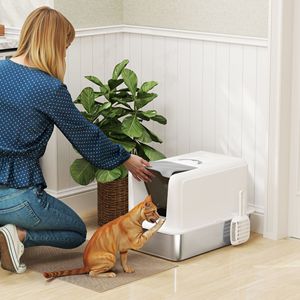 Lettiera per Gatti in Acciaio Inossidabile 2 in 1 con Coperchio Rimovibile, Paletta e Sacchetti Filtranti XL per Gatti Piccoli e Grandi, Bianca - Accessorio Durevole in Plastica per Animali Domestici - Product Image 2