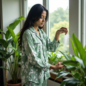 Vert ardoise raffiné jardin PJ Satin ensemble cordon garniture et coordonné imprimé fleuri Viscose chemise pantalon pour filles - Product Image 3