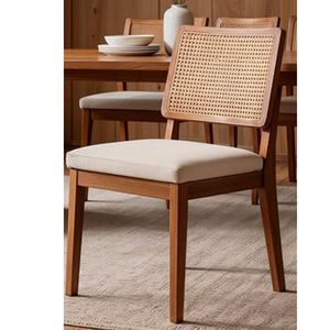 Chaises de salle à manger en rotin naturel de style Japandi nordique minimaliste, cadre en bois massif élégant, assise en tissu de lin écologique - Product Image 1