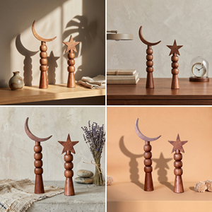 Ensemble de 3 décorations artisanales arabes en bois, croissant de lune et étoile, avec piliers effilés et design perlé, pour la décoration de la maison et de l'Aïd au Moyen-Orient - Product Image 6