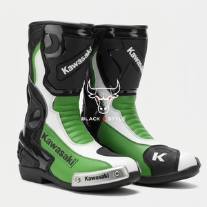 Bottes de course pour moto Kawasaki, cuir vert et blanc, chaussures de sport à blocs de couleur - Product Image 2