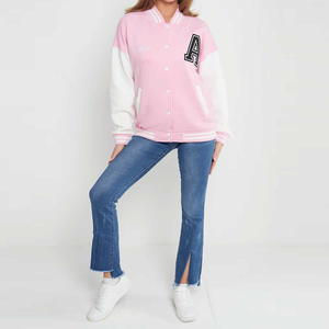 Pink White Varsity Jacket Letter A Embroidered Preppy Style Baseball Coat Regular Fit Turn-down Collar Casual College Jacket - Product Image 1
