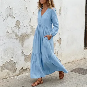 Vestido largo de lino y algodón para mujer, vestido largo holgado con cuello en V, ropa informal de verano - Product Image 3