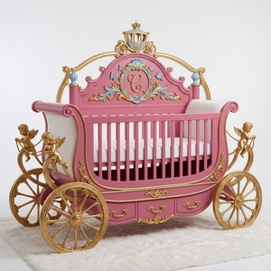 Lit de bébé en bois de mahogany sculpté, meubles de chambre d'enfant faits à la main en Indonésie, rose AQM320 - Product Image 1