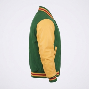 Men's Green <b>And</b> Yellow <b>Varsity</b> <b>Jacket</b> With <b>Red</b> Buttons <b>And</b> Striped Collar Cuffs Regular Fit Casual Style Autumn Wear - Product Image 2