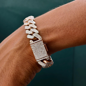 RB Gems Pulsera de Plata de Ley con Baño de Oro Rosa, 14K, 12mm, con Diamantes VVS de Corte Corazón Engastados en Bisel, 2 Filas, Estilo Cubano Iced, Romántica, Certificación GIA Fina - Product Image 4