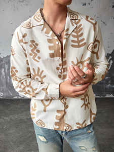 Chemise en lin imprimée à manches longues, boutonnée, décontractée, pour homme, en coton, à col - Product Image 3