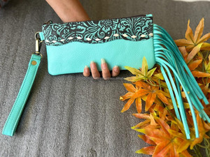 Bolso de mano de estilo occidental para mujer, Cartera de mano de piel turquesa con flecos, con cremallera - Product Image 2