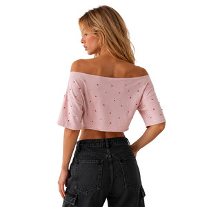 Mode estivale Y2K, haut court à épaules dénudées personnalisé avec strass thermocollants, OEM, uni, décontracté, respirant, chemisier pour femme, fournisseur en gros - Product Image 3
