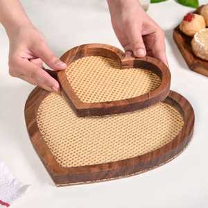 Decorative <b>Heart</b> Shape Wooden Tray with Handwoven Cane Base for Living Room Dining Table and Home Styling - Product Image 5