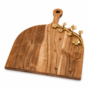Planche à fromage en bois avec poignée, plateau de service de luxe artisanal avec incrustation florale en métal pour hôtel, restaurant, traiteur - Product Image 1