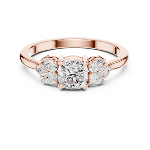 Anillo de compromiso de oro rosa con diamante de corte cojín y piedras laterales en forma de pera, anillo nupcial de inspiración vintage para mujer - Product Image 1