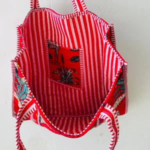 Handmade Animal Print Block Printed Quilted Cotton Bohemian Tote <b>Bag</b> Trim Zipper Closure Elegant Style <b>Beach</b> Shopping Travel - Product Image 4