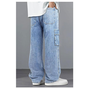 กางเกงยีนส์ทรงหลวมสำหรับผู้ชาย เอวยางยืด มีเชือกผูก เอวสม็อค สไตล์ลำลอง สตรีทแวร์ แฟชั่นทรงหลวม ใส่สบาย ผ้าฝ้ายผสมเดนิม - Product Image 3