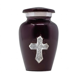 Divine Resting Koyu Mor Metal Kremasyon Külleri için Kutu – El Oyması Gümüş Haç Detaylı Hristiyan Hatıra Kutusu - Product Image 1