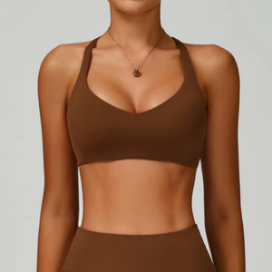 Sujetador deportivo halter sin costuras negro para mujer, cuello en V profundo, soporte medio, ropa deportiva para yoga - Product Image 4