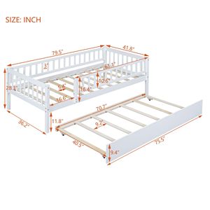 Letto singolo in legno bianco con letto estraibile e sponde di sicurezza per camerette dei bambini - Product Image 3