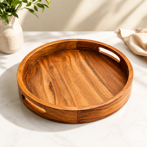 Plateau de service rond en bois de luxe avec poignées, plateau décoratif en bois naturel fait à la main pour table à manger, petit-déjeuner, café, thé - Product Image 3