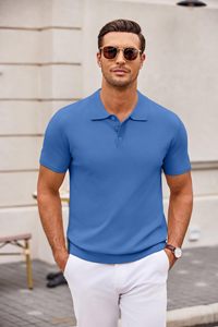 Polo en tricot à manches courtes bleu pour homme, couleur unie, style décontracté, coupe classique - Product Image 4