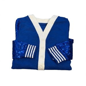 Cardigan universitaire pour femme bleu roi à sequins, col en V, boutonné, avec bordure rayée blanche, logo personnalisé, vente en gros - Product Image 3