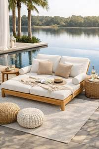 Luxury Teak <b>Outdoor</b> Daybed <b>Sofa</b> with Cushions Modern Poolside Lounge Furniture Indonesia Supplier - Product Image 2
