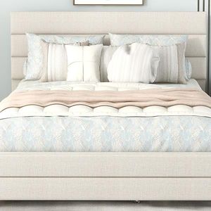 Letto matrimoniale imbottito beige con piattaforma, letto estraibile singolo, due cassetti, morbido e confortevole, design semplice con contenitore - Product Image 5
