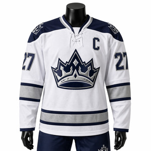 Wholesale Premium White Blue Ice Hockey Jersey with Embroidered <b>Crown</b> Logo Lace-Up <b>V</b>-Neck Team Uniform - Product Image 2