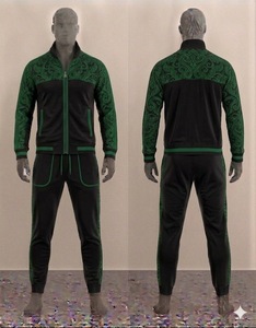 Men Dark Green Paisley Print Tracksuit Set Full Zip Jacket Jogger Pants Casual Sportswear Autumn Wear Regular Fit - Product Image 1