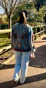 <b>Women</b> Sky Blue <b>Velvet</b> Suzani Embroidered <b>Jacket</b> with Floral Pattern Full Sleeve Stand Collar Bohemian <b>Women's</b> Autumn Coat - Product Image 5