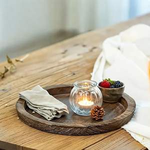 ถาดไม้ทรงกลมสำหรับเสิร์ฟ ของตกแต่งโต๊ะกาแฟสไตล์เรสติก งานแฮนด์เมดจาก LugnRo - Product Image 1