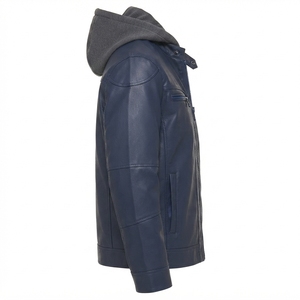 Blouson de moto en cuir PU personnalisé pour homme, col montant, capuche amovible, fermeture éclair, décontracté, imperméable, teint uni, OEM, vente en gros - Product Image 1