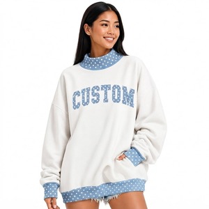 Wholesale Women’s <b>White</b> Custom Sweatshirt Polka Dot Accent Design Cute Letter Graphic Mock neck Oversized Cozy <b>Long</b> <b>Sleeve</b> <b>Top</b> - Product Image 4