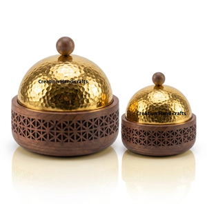 Novedad: Juego de Cazuelas de Lujo de Madera y Latón con Tapa Dorada Martillada, Calentador de Alimentos Decorativo, Cazuelas Talladas para Servir - Product Image 3