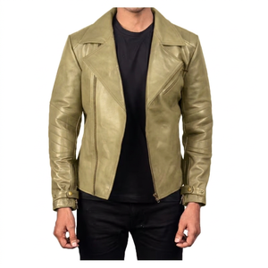 Veste de moto en cuir véritable vert olive pour homme, fermeture éclair, col rabattable - Product Image 1